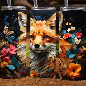 Fox with Butterflies, 20 Oz Skinny Sublimation Tumbler Wrap Digital Design, straight skinny tumbler wrap png, 9.2&quot; x 8.3”
