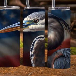 Picture of Great blue heron in front of American Flag, 20 Oz Skinny Sublimation Tumbler Wrap Digital Design, PNG File Download,  9.2 x 8.3”