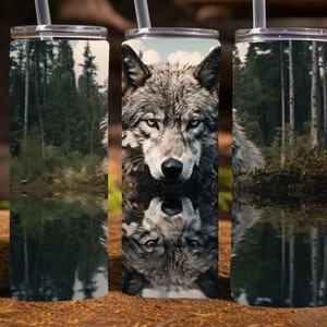 Wolf with reflection in a lake, 20 Oz Skinny Sublimation Tumbler Wrap Digital Design, PNG File Download, 9.2 x 8.3”