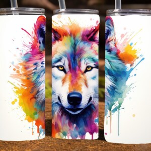 Bright Rainbow Wolf Watercolor,  20 Oz Skinny Sublimation Tumbler Wrap Digital Design, PNG File Download, 9.2 x 8.3”