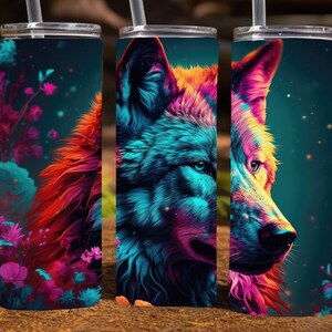 Wolf with flowers, 20 Oz Skinny Sublimation Tumbler Wrap Digital Design, straight skinny tumbler wrap png, 9.2 x 8.3”