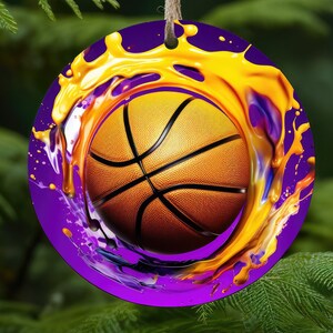 Basketball Sublimation Design, Christmas Round Ornament - Purple and Yello team - Sports Christmas Ornament - Basketball Ornament PNG