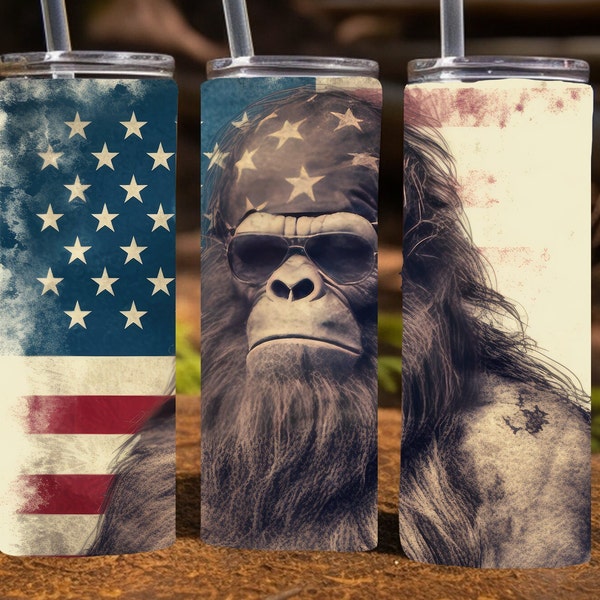 Bigfoot with sunglasses and an American Flag theme, 20 Oz Skinny Sublimation Tumbler Wrap Digital Design, PNG File Download,  9.2 x 8.3”