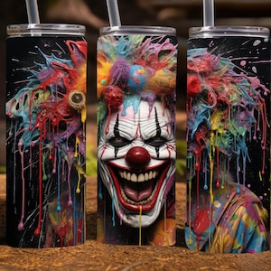 Griezelige clown Halloween 20 Oz magere sublimatie beker wrap digitaal ontwerp, png-bestand downloaden, 9,2 x 8,3&quot; enge clown beker wrap