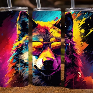 Wolf wearing sunglasses,  20 Oz Skinny Sublimation Tumbler Wrap Digital Design, PNG File Download, 9.2 x 8.3”