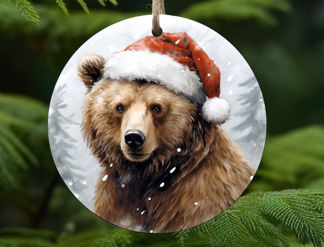Grizzly Bear Wearing a Christmas Hat, Christmas Ornament Sublimation ...
