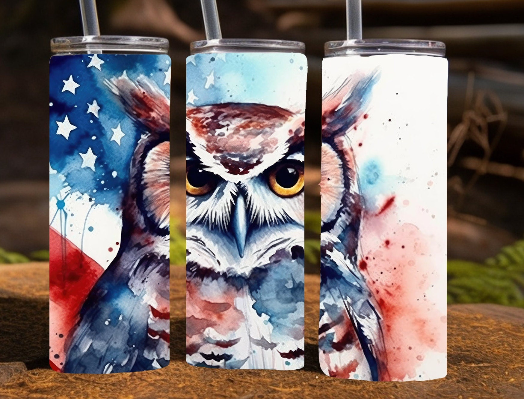 Owl in front of American Flag, watercolor,  20 Oz Skinny Sublimation Tumbler Wrap Digital Design, PN