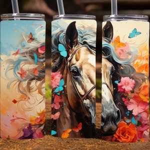Horse with Butterflies, 20 Oz Skinny Sublimation Tumbler Wrap Digital Design, straight skinny tumbler wrap png, 9.2&quot; x 8.3”