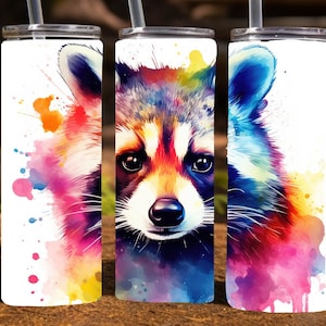 Bright Rainbow Raccoon Watercolor,  20 Oz Skinny Sublimation Tumbler Wrap Digital Design, PNG File Download, 9.2 x 8.3”