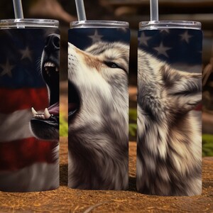 Picture of Wolf in front of American Flag, 20 Oz Skinny Sublimation Tumbler Wrap Digital Design, PNG File Download,  9.2 x 8.3”