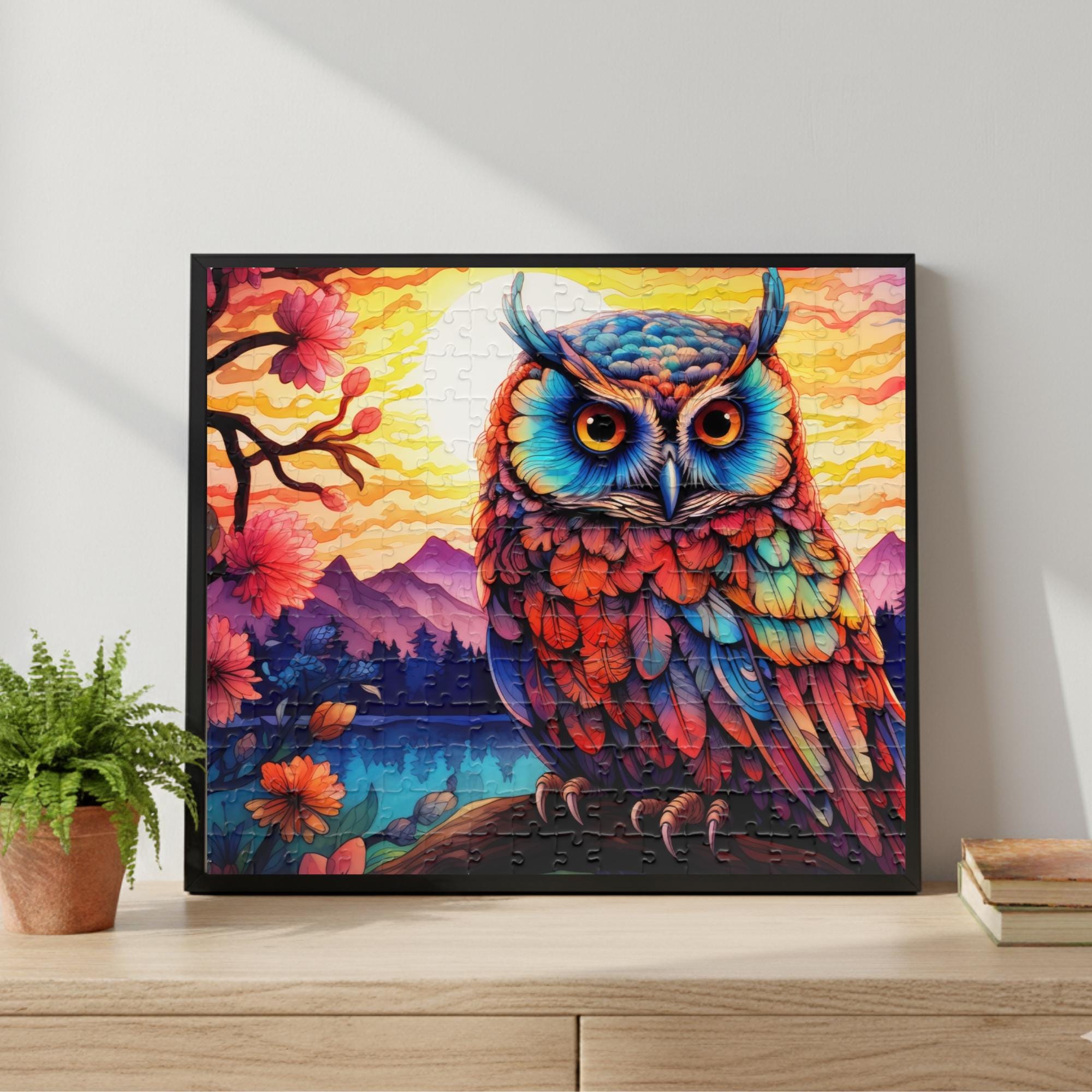 Colorful Owl at Sunset Puzzle - Vibrant Nature Art Jigsaw Puzzle - Mountains and Flowers Wildlife Pu