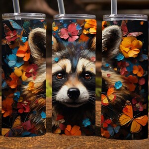 Raccoon with Butterflies, 20 Oz Skinny Sublimation Tumbler Wrap Digital Design, straight skinny tumbler wrap png, 9.2&quot; x 8.3”