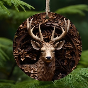 Wood Carved Buck / Deer, Christmas Round Ornament - Instant Download - Buck Christmas Ornament - Christmas Ornament PNG - wood carved look