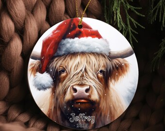 Adorno navideño de vaca de las Highlands - Gorro de Papá Noel - Decoración navideña - Regalo rústico de granja - Regalo perfecto para amantes de las vacas de las Highlands o amigo invisible