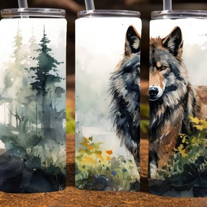 Wolf in a forest, watercolor, 20 Oz Skinny Sublimation Tumbler Wrap Digital Design, PNG File Download, 9.2 x 8.3”