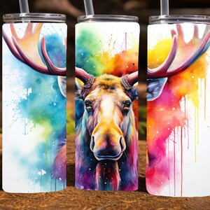 Bright Rainbow Moose Watercolor,  20 Oz Skinny Sublimation Tumbler Wrap Digital Design, PNG File Download, 9.2 x 8.3”