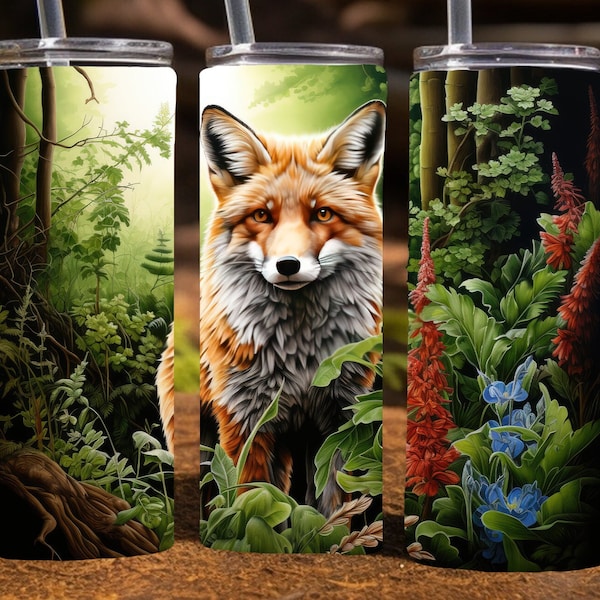 Fox in a lush forest,  20 Oz Skinny Sublimation Tumbler Wrap Digital Design, PNG File Download, 9.2 x 8.3”