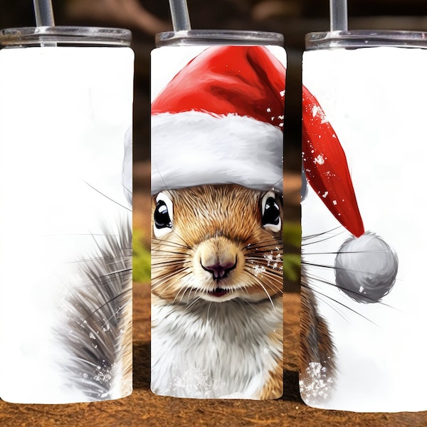 Squirrel wearing a Santa hat,  20 Oz Skinny Sublimation Tumbler Wrap, Christmas Design PNG File Download, 9.2 x 8.3” - Digital Design