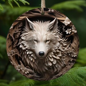 Wood Carved Wolf, Christmas Round Ornament - Instant Download - Wolf Christmas Ornament - Christmas PNG - Wolf Sublimation