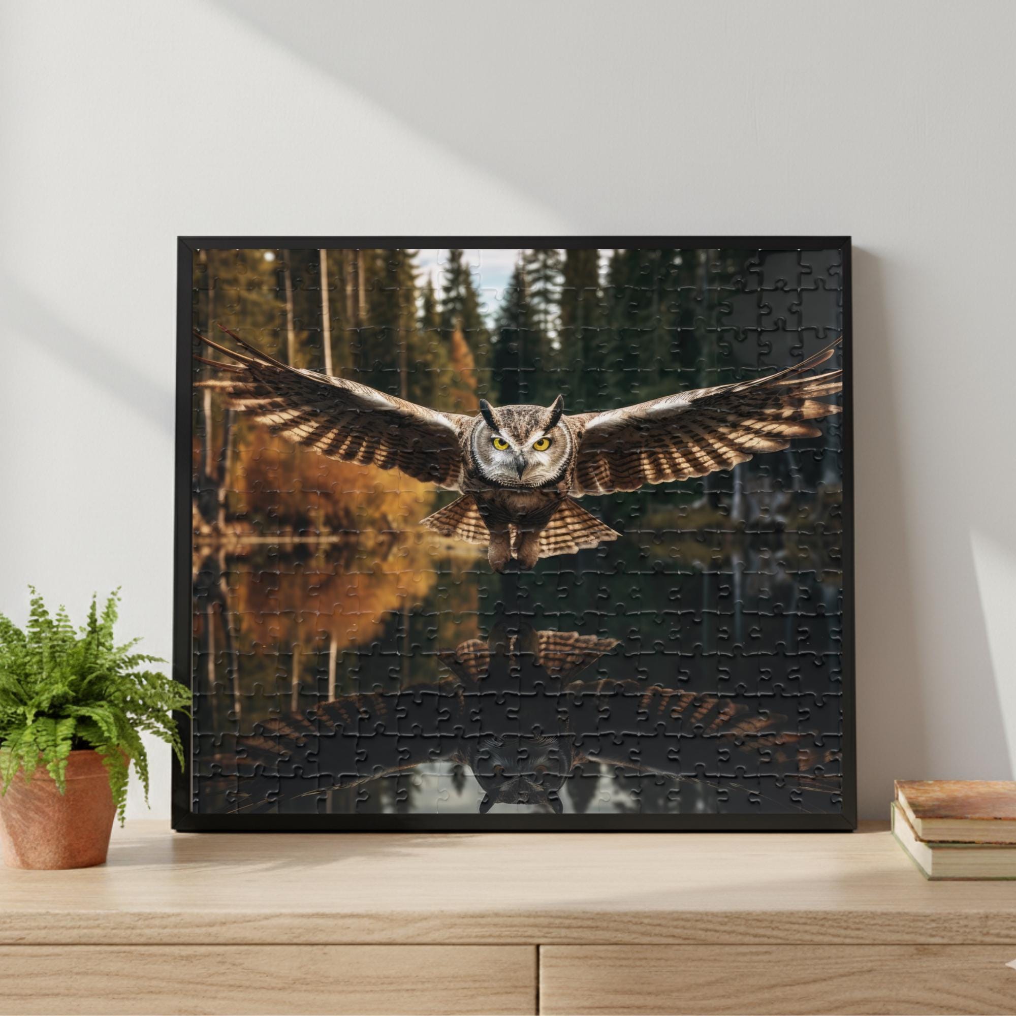 Majestic Owl in Flight Puzzle - Owl Refection Jigsaw Puzzle -  Over Forest Lake Puzzle - Family Nigh