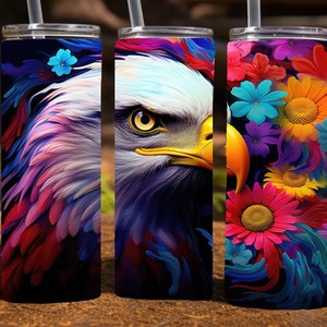 Neon Bald Eagle with flowers, 20 Oz Skinny Sublimation Tumbler Wrap Digital Design, straight skinny tumbler wrap png, 9.2 x 8.3”