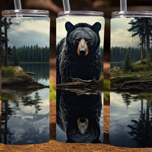 Black Bear with reflection in a lake, 20 Oz Skinny Sublimation Tumbler Wrap Digital Design, PNG File Download, 9.2 x 8.3”