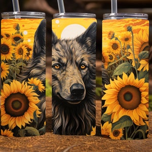 Wolf in a field of sunflowers, fall 20 Oz Skinny Sublimation Tumbler Wrap Digital Design, PNG File Download,  9.2 x 8.3”