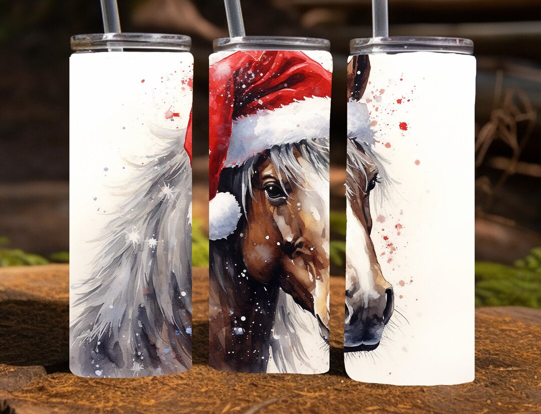 Horse Wearing a Santa Hat, 20 Oz Skinny Sublimation Tumbler Wrap