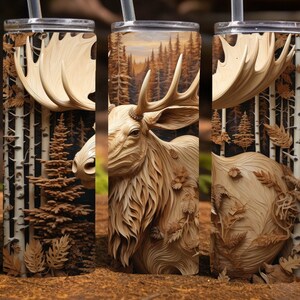 Carved Wood Moose,  20 Oz Skinny Sublimation Tumbler Wrap Digital Design, PNG File Download, 9.2 x 8.3”