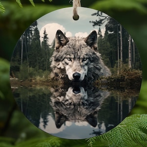 Wolf with reflection in a lake, Christmas Round Ornament - Instant Download - Wolf Christmas Ornament - Christmas PNG - Wolf Sublimation