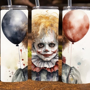 Griezelige clown Halloween 20 Oz magere sublimatie beker wrap digitaal ontwerp, png-bestand downloaden, 9,2 x 8,3&quot; enge clown beker wrap