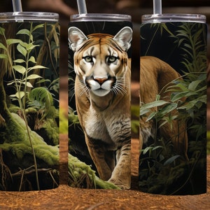 Mountain Lion in a lush forest,  20 Oz Skinny Sublimation Tumbler Wrap Digital Design, PNG File Download, 9.2 x 8.3”