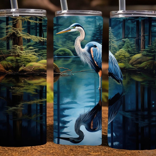 Blue Heron with reflection in a lake, 20 Oz Skinny Sublimation Tumbler Wrap Digital Design, PNG File Download, 9.2 x 8.3”