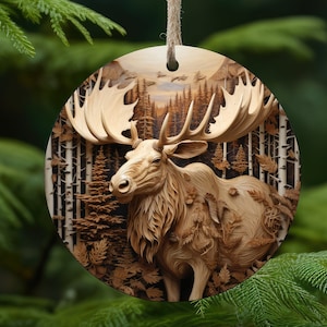 Wood Carved Moose, Christmas Round Ornament - Instant Download - Moose Christmas Ornament - Christmas PNG, wood carved look