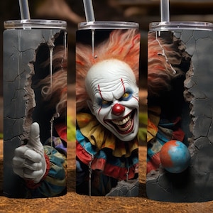 Griezelige clown Halloween 20 Oz magere sublimatie beker wrap digitaal ontwerp, png-bestand downloaden, 9,2 x 8,3&quot; enge clown beker wrap