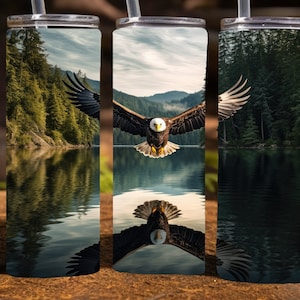 Bald Eagle with reflection in a lake,  20 Oz Skinny Sublimation Tumbler Wrap Digital Design, PNG File Download, 9.2 x 8.3”