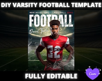 Può includere: Un modello di football personalizzabile con una foto di un giocatore di football con una maglia rossa con il numero 32. Il testo "NORTHSIDE VARSITY FOOTBALL 20XX" e "FOOTBALL" sono in cima al modello. Il testo "Daniel Thorton" è sotto la foto. Il testo "FULLY EDITABLE" è in fondo al modello.
