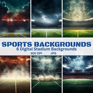 Puede incluir: Seis fondos de estadio digitales para fotografía deportiva o diseño gráfico. Los fondos presentan un campo verde con líneas blancas, luces de estadio y un cielo nublado. El texto "SPORTS BACKGROUNDS" y "6 Digital Stadium Backgrounds" se muestra en letras azules negritas. El texto "300 DPI JPG" se muestra en letras negras.