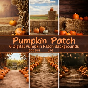 May include: Six digital backgrounds featuring a pumpkin patch with hay bales, pumpkins, and a rustic wooden fence. The backgrounds are 300 DPI and in JPG format.