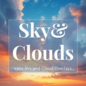 Pode incluir: Um céu de pôr do sol colorido com nuvens brancas fofas. O texto "Sky & Clouds" é sobreposto à imagem, juntamente com o texto "130+ Sky and Cloud Overlays".