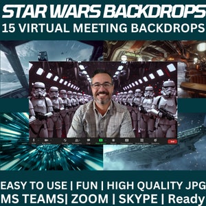 May include: A collage of 15 Star Wars themed virtual meeting backdrops. The backdrops feature iconic scenes and characters from the Star Wars universe, including Stormtroopers, the Millennium Falcon, and the Death Star. The backdrops are designed to be used with video conferencing platforms like Zoom, Microsoft Teams, and Skype. The text "EASY TO USE | FUN | HIGH QUALITY JPG" is displayed at the bottom of the collage.