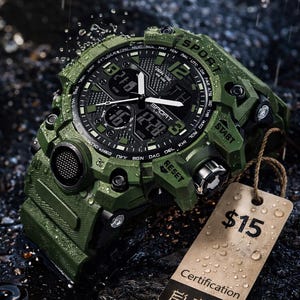 Puede incluir: Un reloj deportivo digital verde oliva con esfera negra. El reloj tiene m&uacute;ltiples pantallas y botones, con la palabra "SPORT" visible. Una etiqueta con el n&uacute;mero "15" est&aacute; sujeta al reloj.
