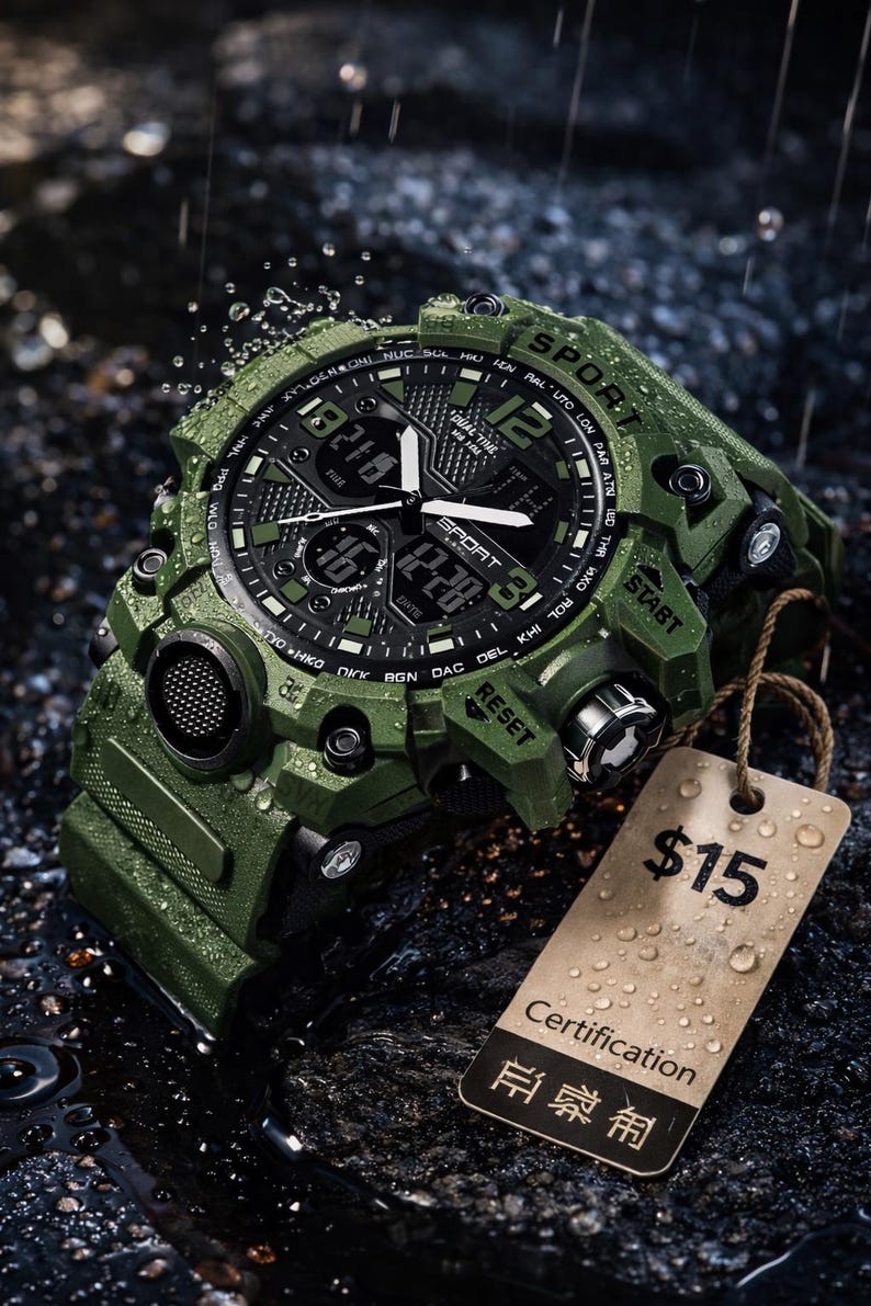 Puede incluir: Un reloj deportivo digital verde oliva con esfera negra. El reloj tiene m&uacute;ltiples pantallas y botones, con la palabra "SPORT" visible. Una etiqueta con el n&uacute;mero "15" est&aacute; sujeta al reloj.