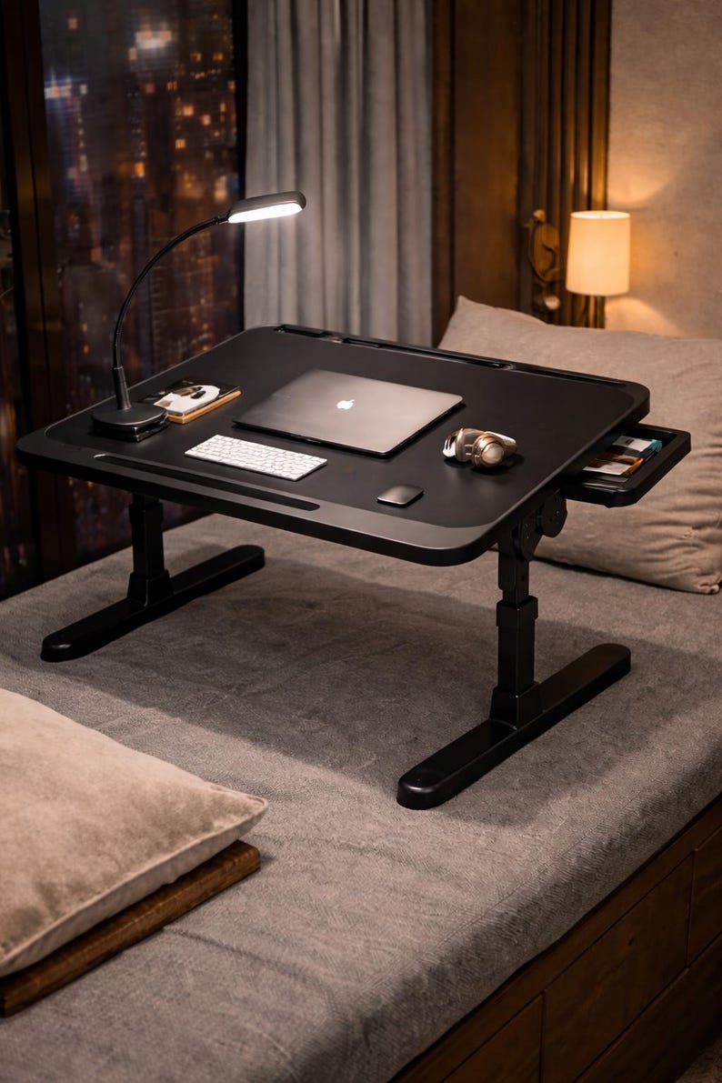May include: Black adjustable laptop desk with a built-in drawer, a small lamp, and a laptop. The desk is on a bed with pillows. A wireless keyboard and mouse are on the desk.