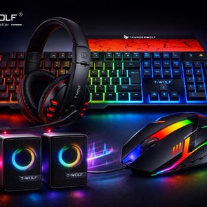 May include: A gaming setup featuring a black keyboard, mouse, headset, and speakers with colorful LED lighting. The keyboard and mouse have rainbow-colored lights, and the speakers have circular lights. The brand name "T-WOLF" is visible.
