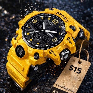 Puede incluir: Reloj deportivo digital amarillo con esfera negra, con m&uacute;ltiples pantallas y la palabra "SPORT". El reloj tiene una correa amarilla y es resistente al agua. Una etiqueta con el n&uacute;mero "15$" est&aacute; adjunta.