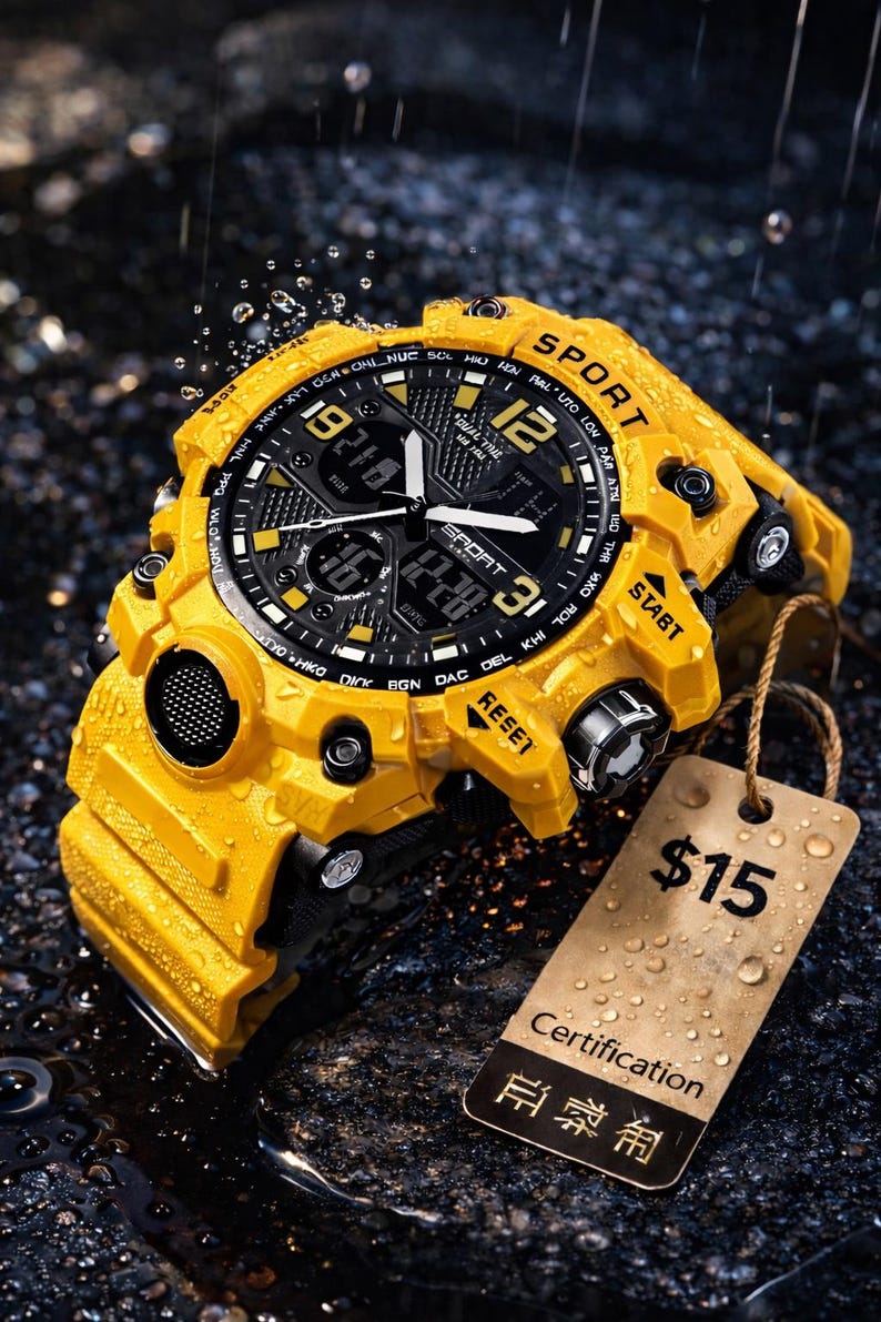 Puede incluir: Reloj deportivo digital amarillo con esfera negra, con m&uacute;ltiples pantallas y la palabra "SPORT". El reloj tiene una correa amarilla y es resistente al agua. Una etiqueta con el n&uacute;mero "15$" est&aacute; adjunta.