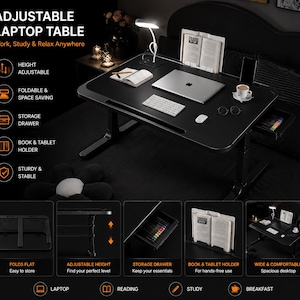 May include: An adjustable black laptop table featuring a foldable design, a built-in storage drawer, and a book or tablet holder. The surface holds a laptop, keyboard, mouse, and a cup. Text on the image includes ADJUSTABLE LAPTOP TABLE.