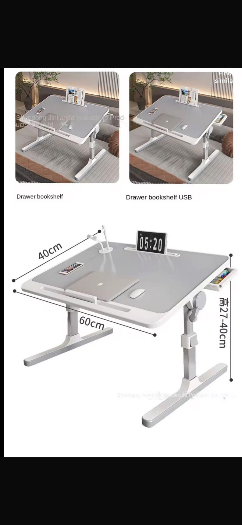 May include: A grey and white adjustable laptop desk with a drawer and a USB port. The desk is 60 cm wide and 40 cm deep, with an adjustable height of 27-40 cm. It features a digital clock displaying 05:20.