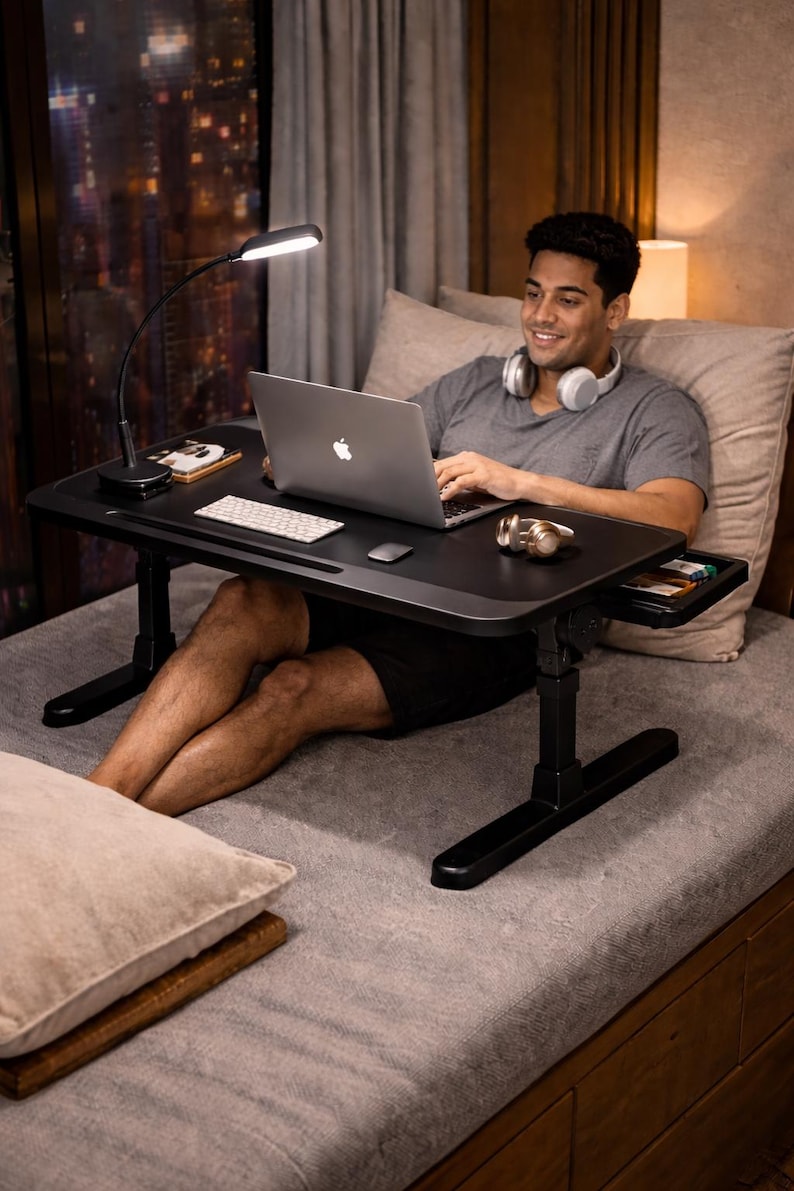 May include: A black adjustable laptop desk with a built-in drawer and a small LED lamp. The desk is set up on a bed, with a laptop, keyboard, and mouse. The person is wearing headphones and shorts.